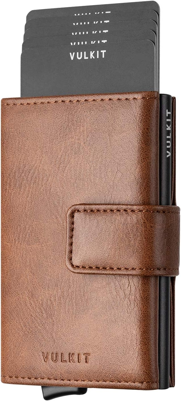 VULKIT RFID Blocking pop-up leather credit card holder with magnetic closure