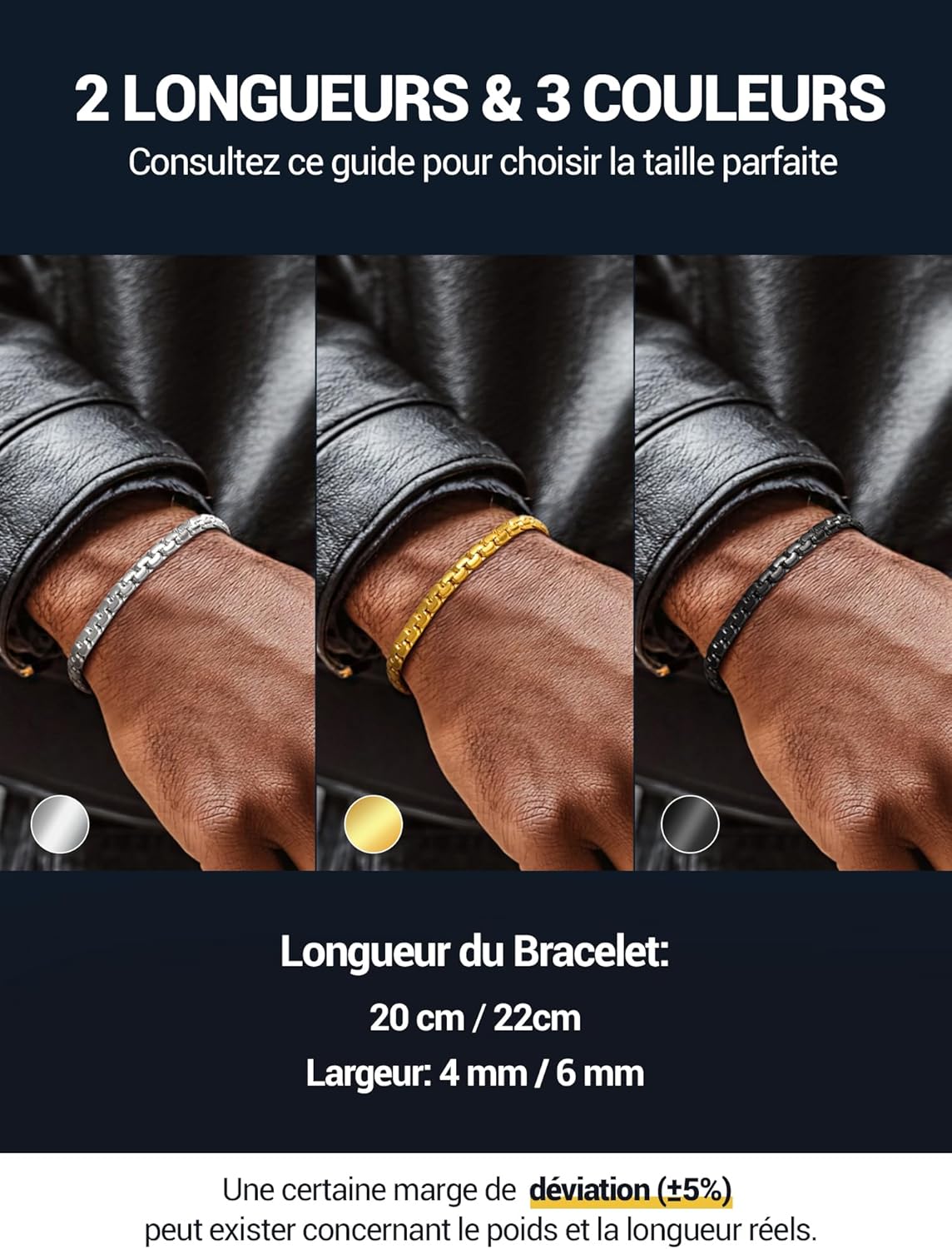 Thumbnail 4 de PROSTEEL Chaîne Bracelet Maillon Plat 4mm/6mm en Acier Inoxydable/Plaqué Or – Longueur 20cm/22cm