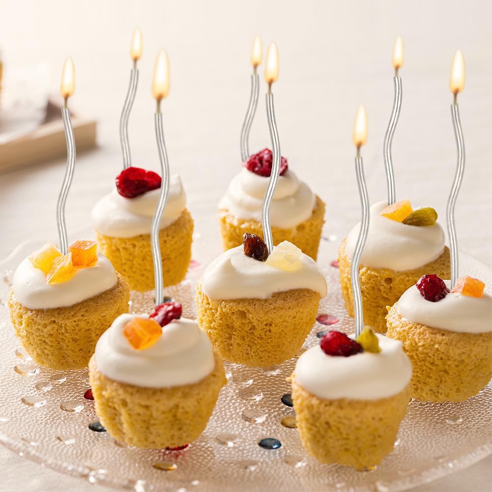 Detalle de URAQT 24 Twisty Spiral Birthday Candles (Metallic) with Holders – Silver