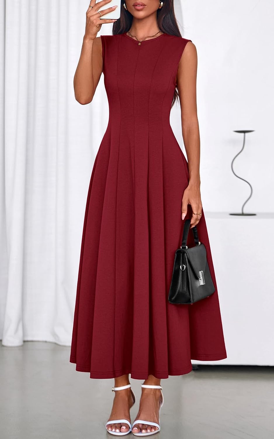 Detalle de PRETTYGARDEN Sleeveless Crewneck Summer Maxi Dress – Elegant, Modest A-Line Style with Pockets