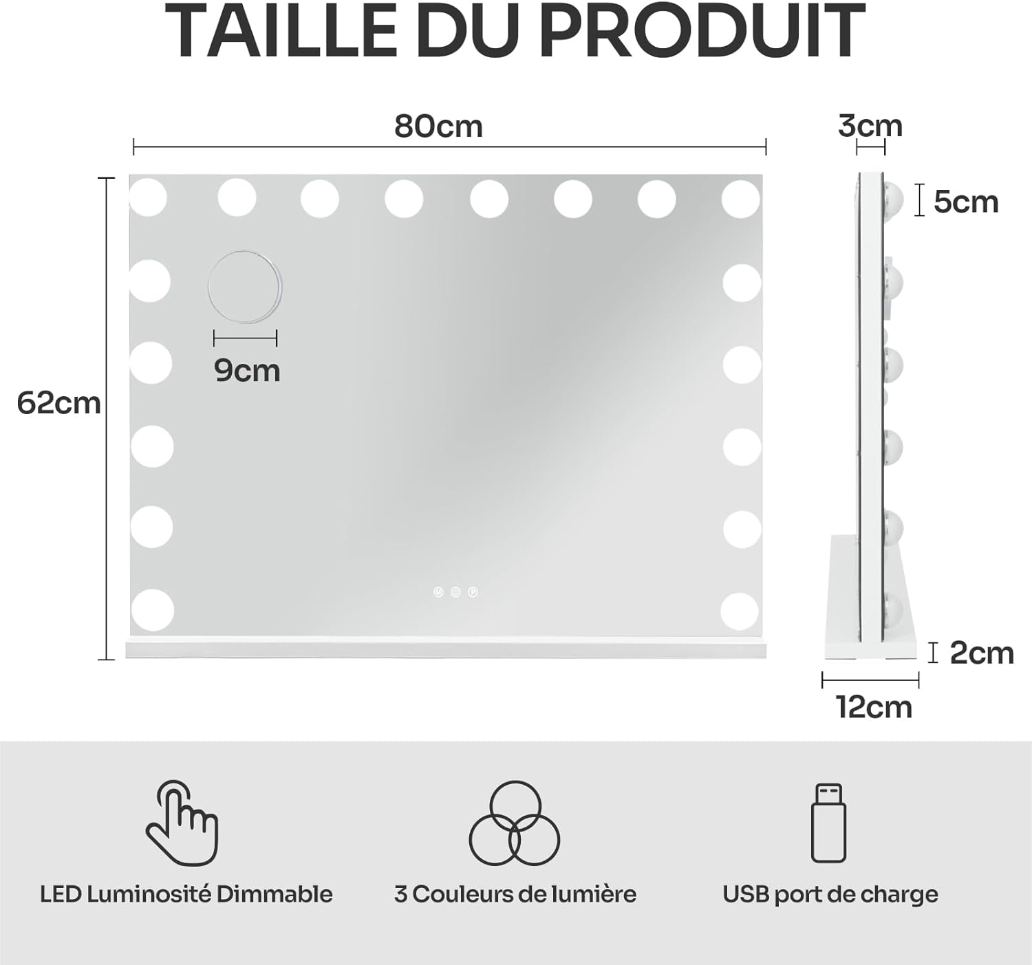 Thumbnail 5 de YU YUSING Hollywood Miroir Maquillage Lumineux 80x62 cm – LED 18 lampes, 3 couleurs, Grossissant 10x, montage mural