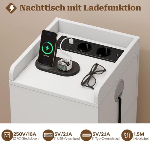 Detalle 2 de Quikraen Nachttisch Schmal mit Steckdose und LED – Weiß, 26.2x29.6x65 cm