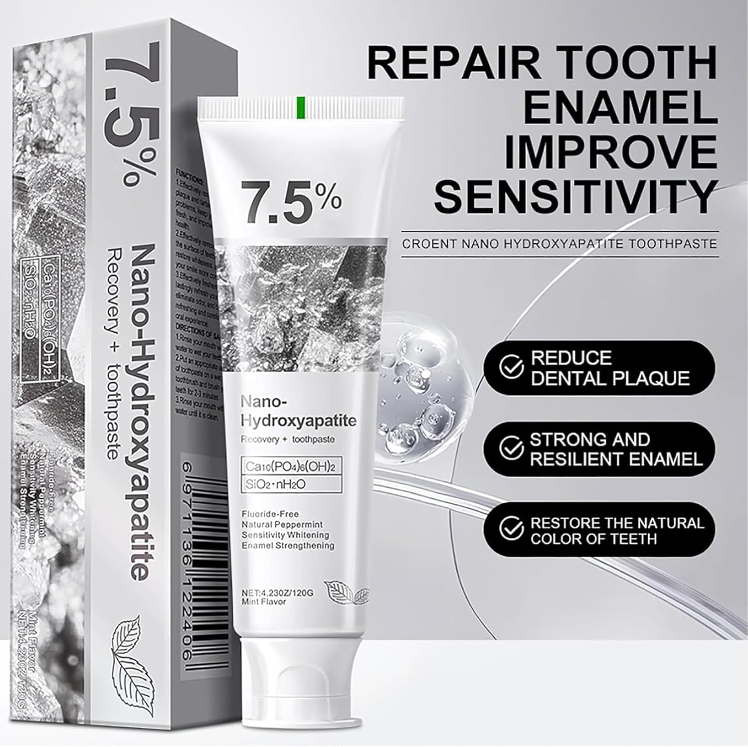 Detalle de Ayzololo 7.5% Hydroxyapatite Toothpaste for Advanced Enamel Protection — Gentle, Fluoride-Free, Fresh Mint (Pack of 2)