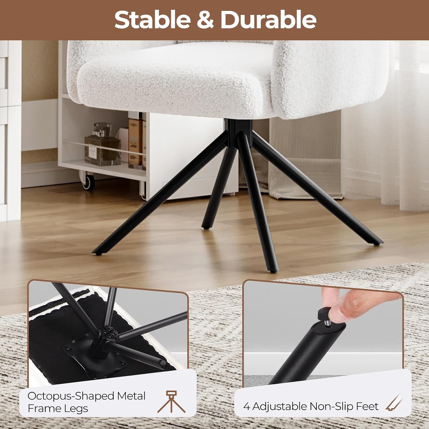 Thumbnail 6 de Luxstein HM044946 White Bouclé Tub Chair with 360° Swivel and Metal Frame