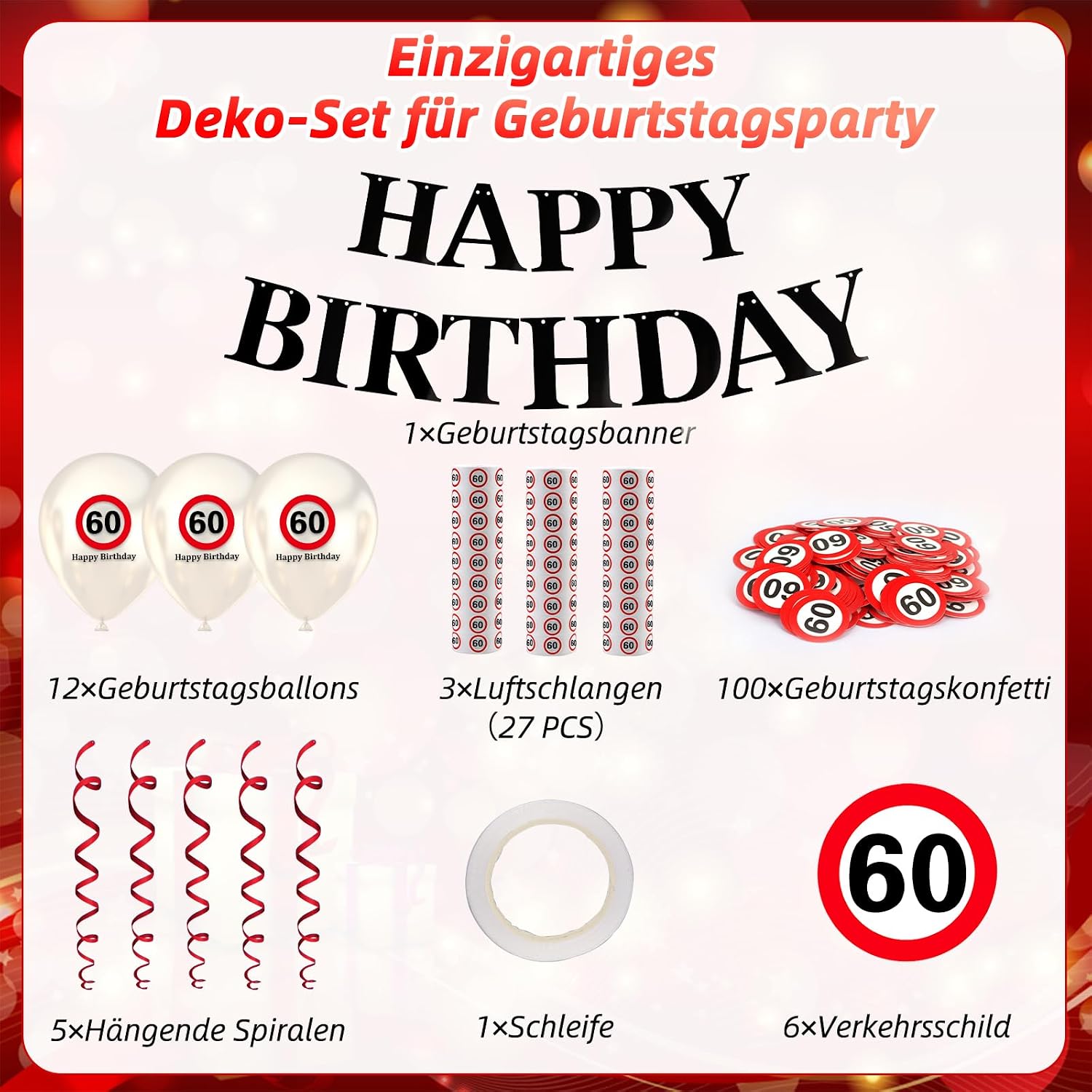 Detalle de WenmthG 60. Geburtstag Deko-Set mit Verkehrsschild, Girlande, Ballons, Konfetti und Luftschlangen