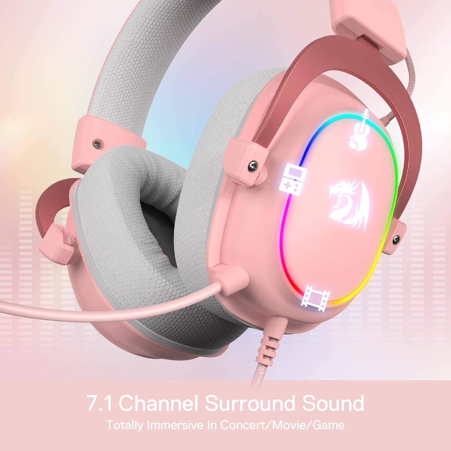 Detalle de Redragon H510 Zeus Gaming-Headset – 7.1 Surround-Sound, 53 mm Treiber, Stoffbezug, RGB, rosa