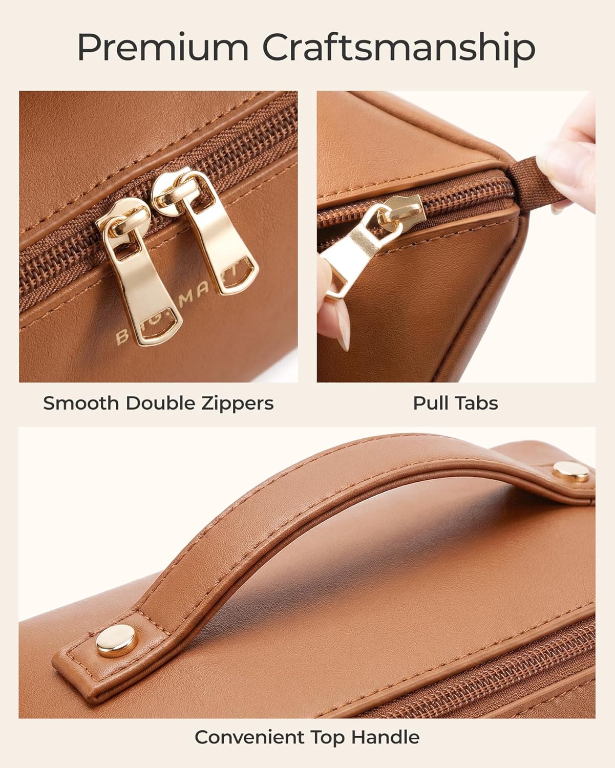 Detalle de BAGSMART Travel Makeup Bag (Flat Lay) PU Leather Cosmetic Organiser with Clear Pocket — Beige