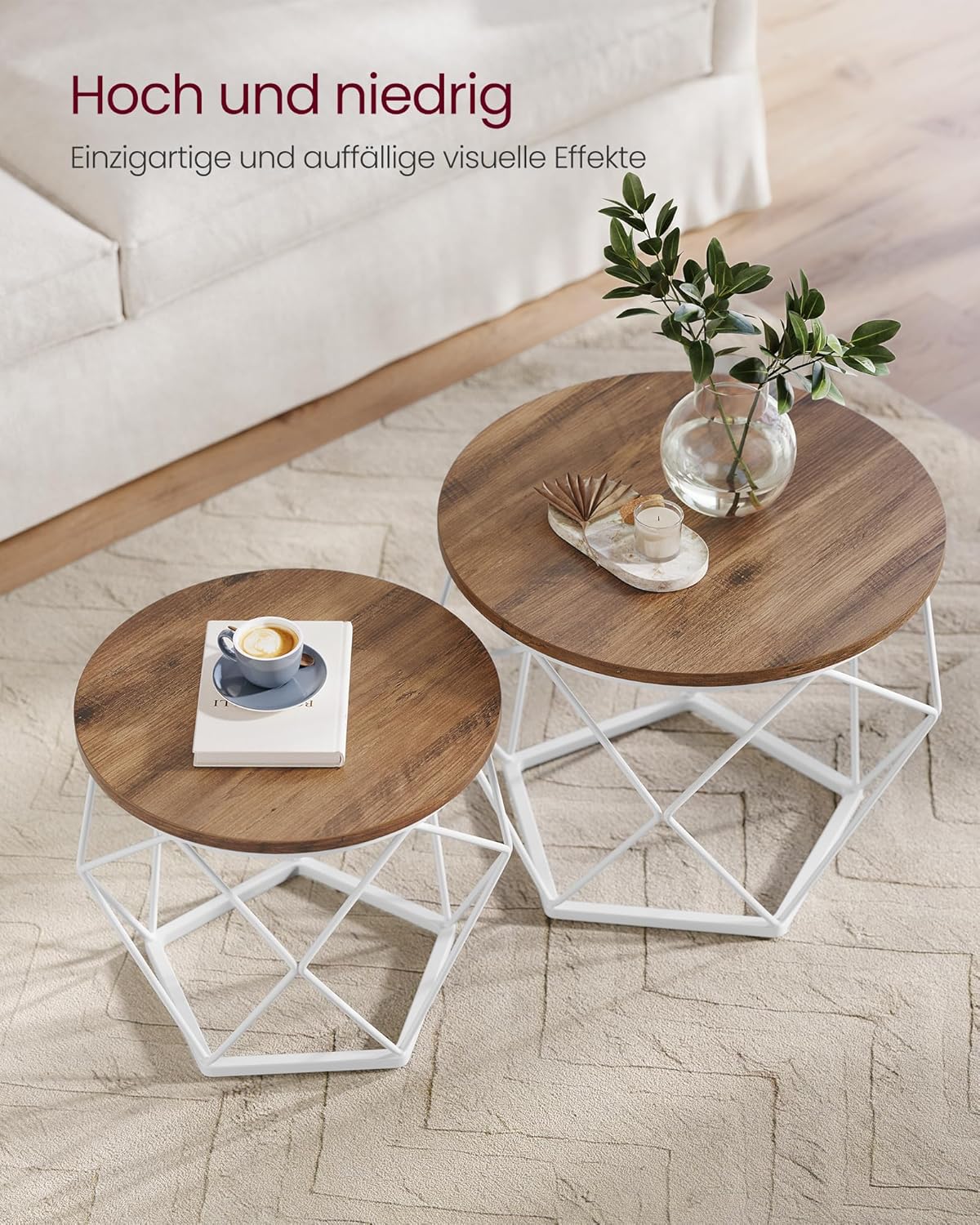 Detalle de VASAGLE Couchtisch rund im 2er-Set (abnehmbare Tischplatte) LET040K41 – honigbraun/wolkenweiß