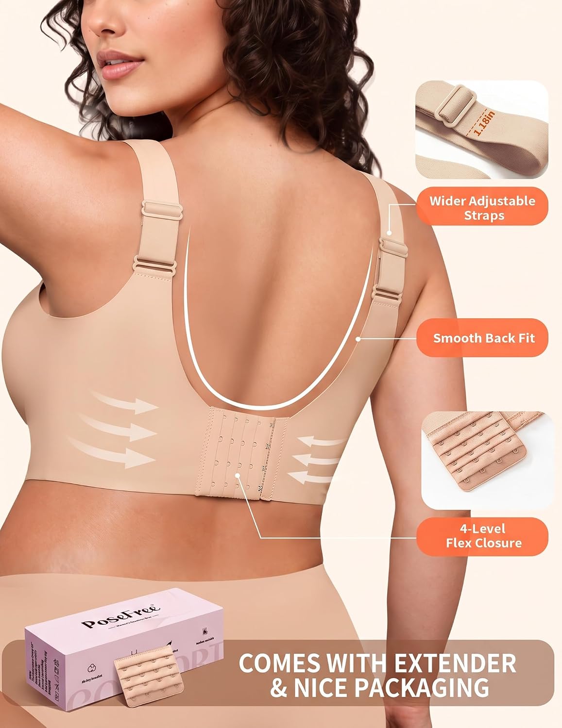 Detalle de PoseFree Women’s Seamless Wireless Supportive Bra with Gel-Like 4-Layer Support (Push Up Comfort, Full Coverage T-Shirt Bra)