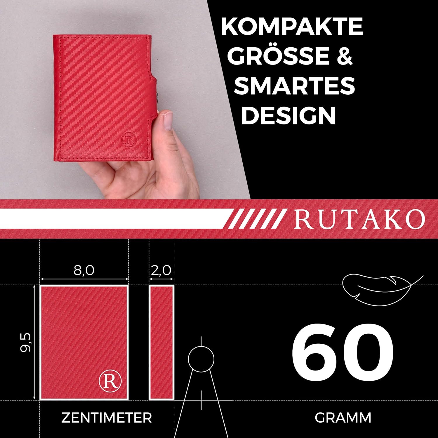 Thumbnail 4 de RUTAKO Slim Wallet mit RFID-Schutz – Kartenetui aus Nappa-Leder mit Scheinfach & Mini-Münzfach (Carbon-Rot)