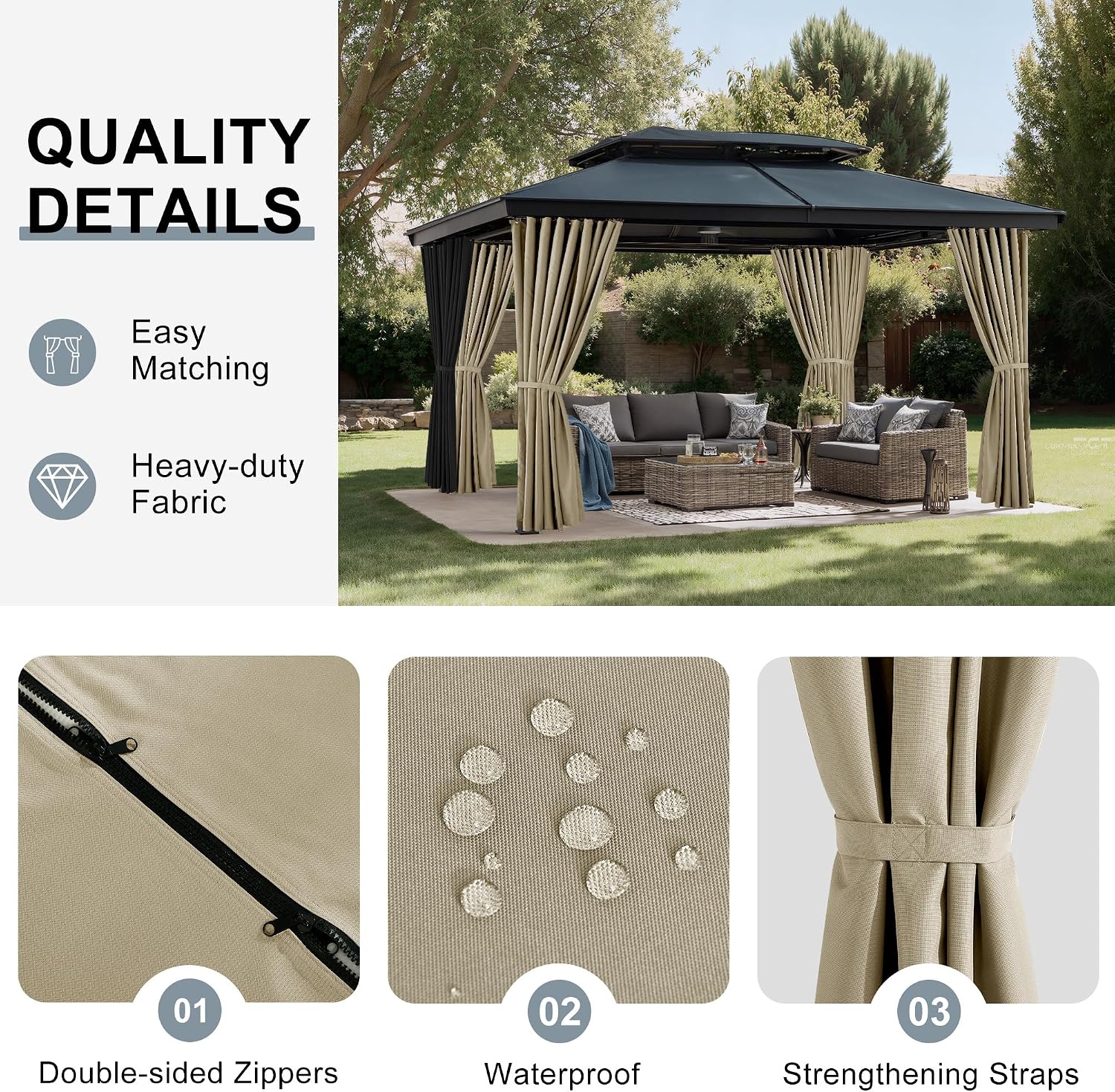 Detalle de NICETOWN 10' x 10' Gazebo Curtains, Waterproof 4-Panel Set with Zippers, Taupe
