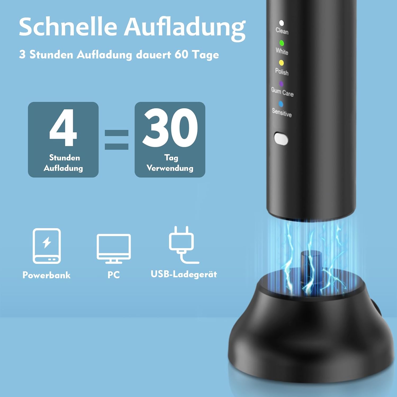 Thumbnail 5 de Lächen Elektrische Schallzahnbürste mit 5 Reinigungsmodi, Reise-Etui & USB-Ladung (IPX7, Schwarz)