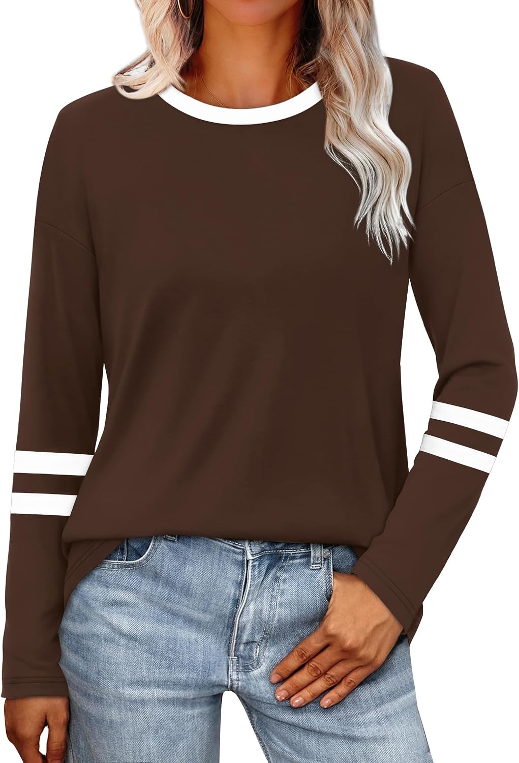 Detalle 2 de Sampeel Color-Block Long Sleeve Shirt for Women, Crew Neck with Striped Sleeves