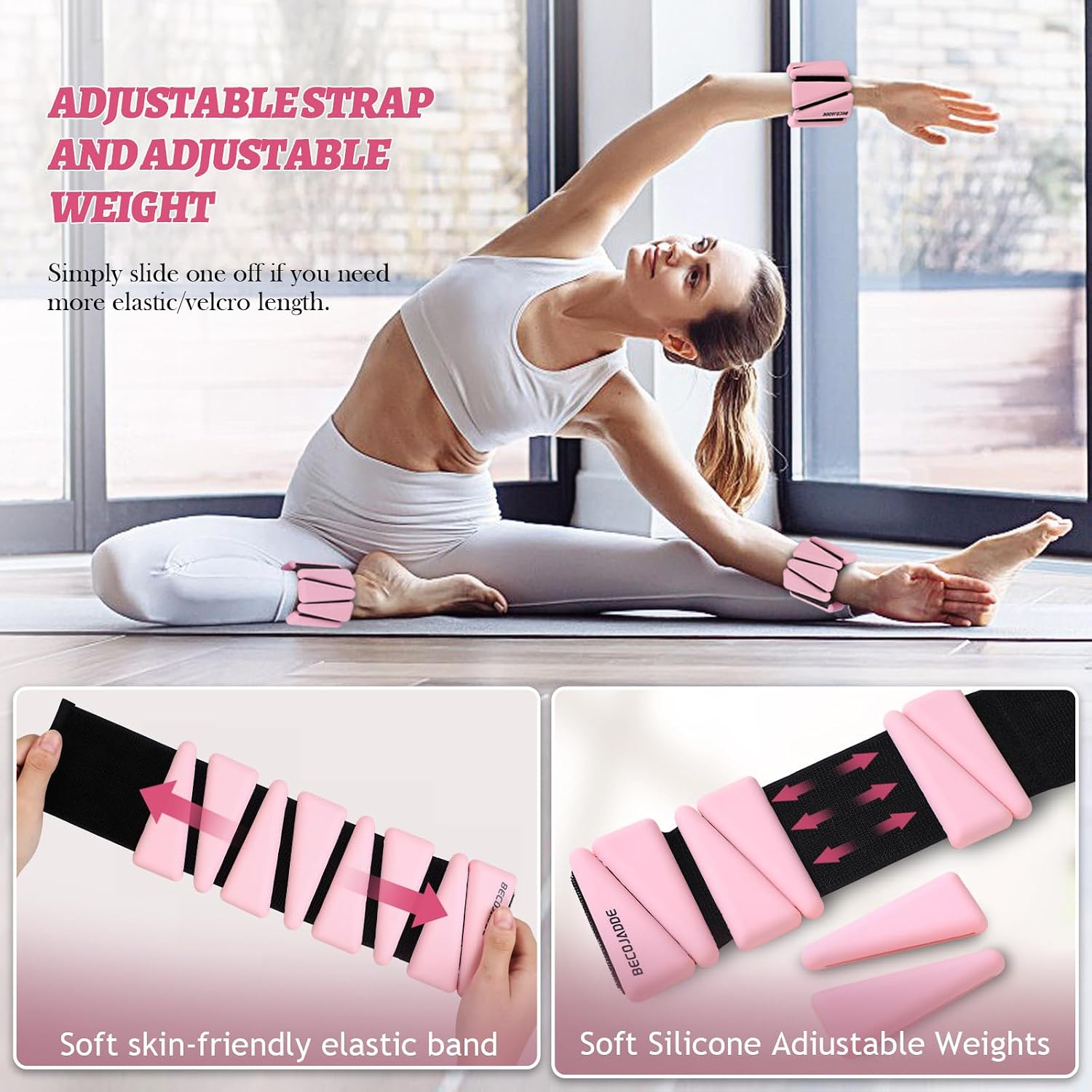 Detalle 2 de BECOJADDE Adjustable Ankle and Wrist Weights, 4 lb Pair, Pink