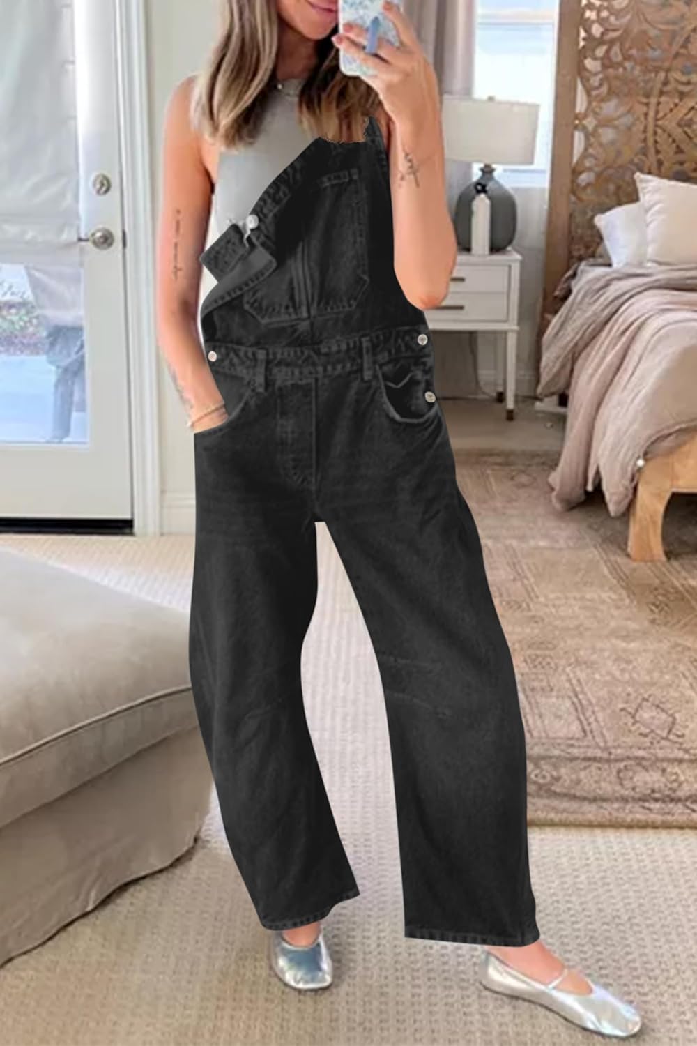 Thumbnail 5 de PLNOTME Women’s Denim Bib Overalls with Adjustable Straps, Barrel Leg & Pockets