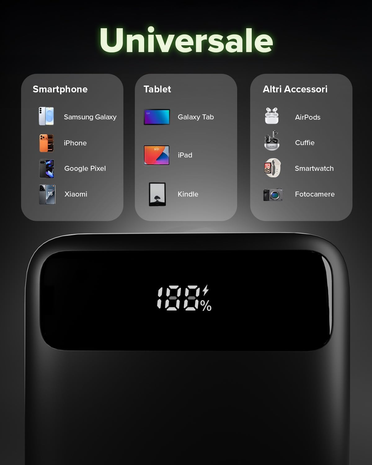 Detalle de SBS Compact PowerBank 10000mAh 20W PD 3.0 PPS, AFC, Display LCD, USB-C e USB-A, nero