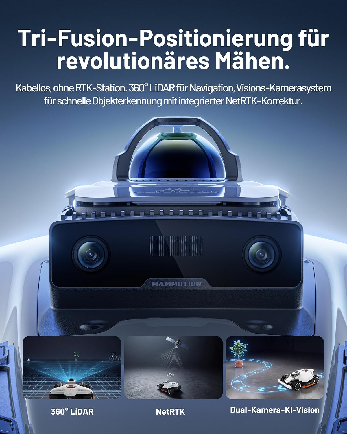 Detalle de MAMMOTION LUBA 3 AWD 1500 Mähroboter mit 360° LiDAR, KI und Mähwerk-Waschstand (AWD bis 80% Steigung)