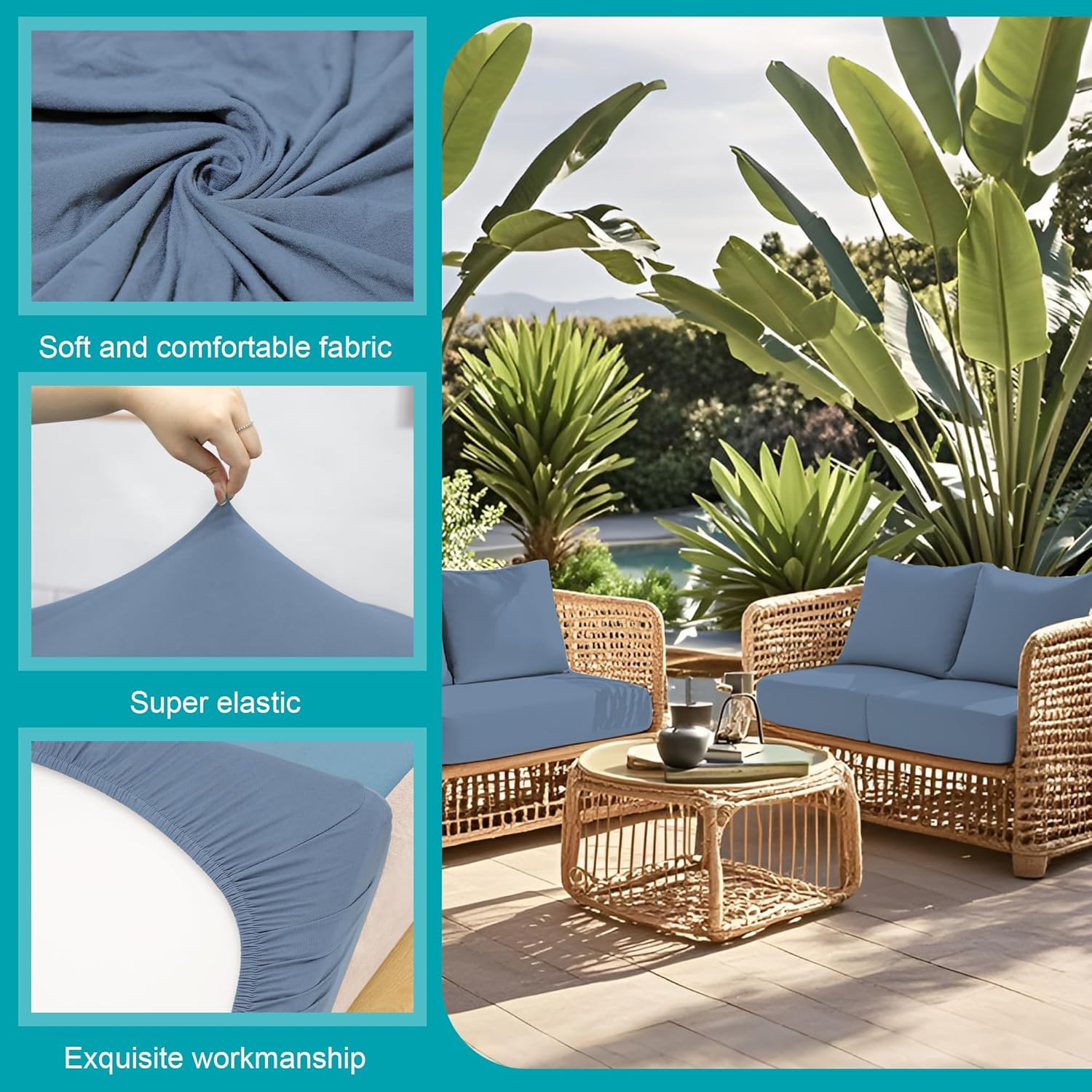 Detalle de 12 Pcs Stretch Patio Cushion Covers (Gray Blue) – Replacement Outdoor Sofa Slipcovers