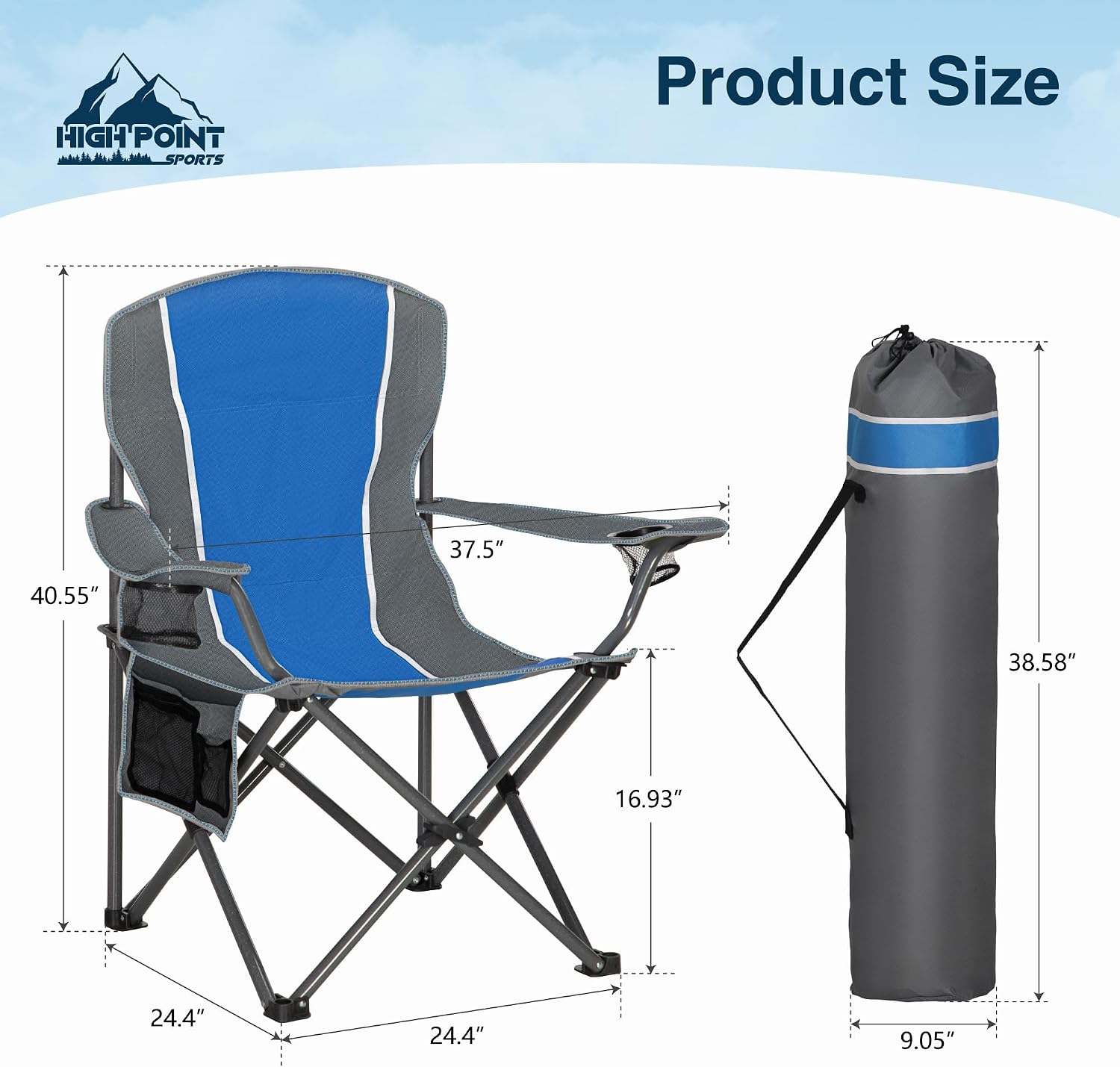 Detalle 2 de HIGH POINT SPORTS Campingstuhl faltbar bis 160 kg mit Getränkehaltern