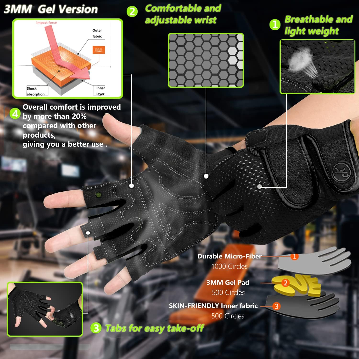 Detalle de MOREOK MK1003 Workout Gloves with 3 mm Gel Palm Pads and Adjustable Wrist