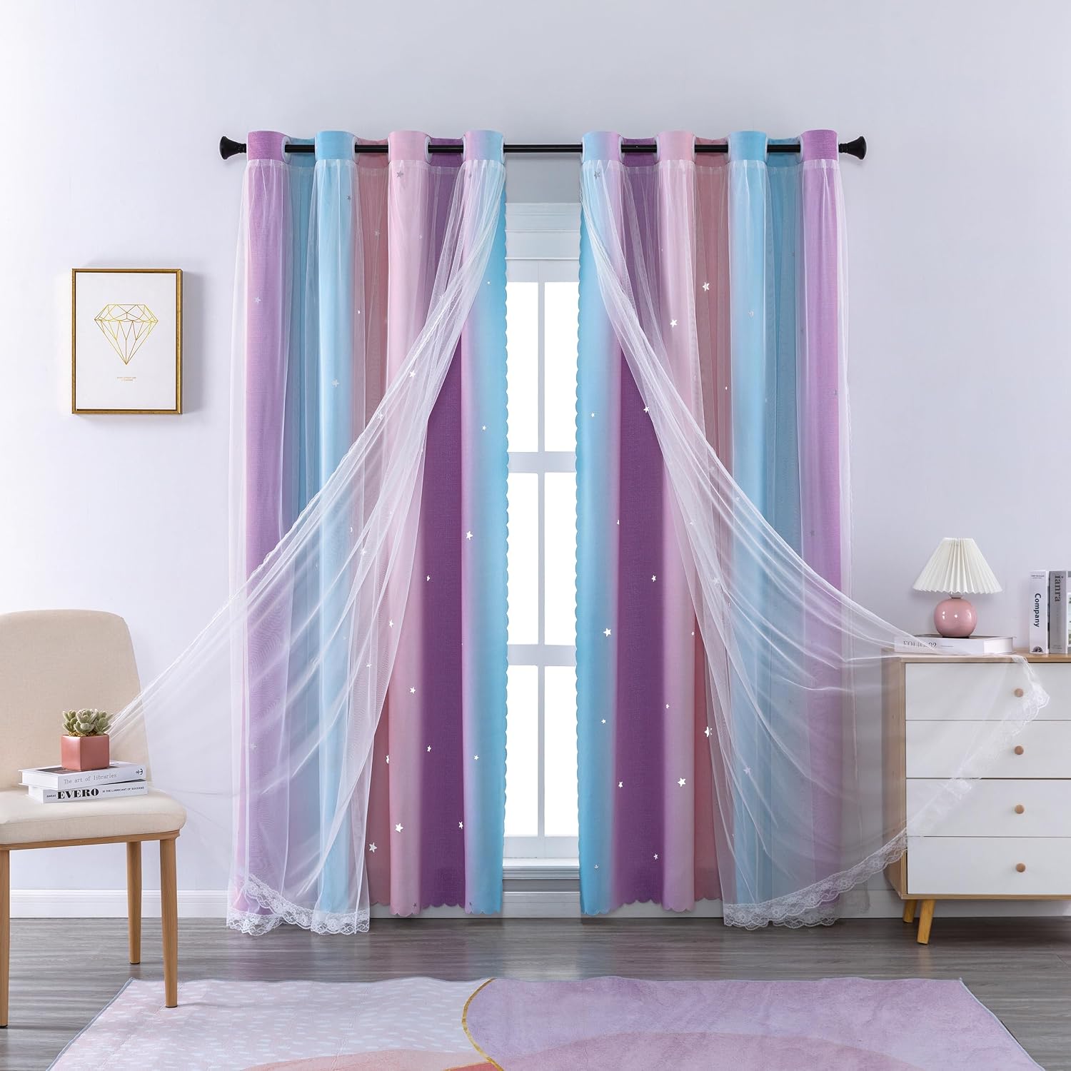 Detalle de XiDi Rainbow Pink Purple Bedroom Curtain Panel (2-Layer, 42"/90")