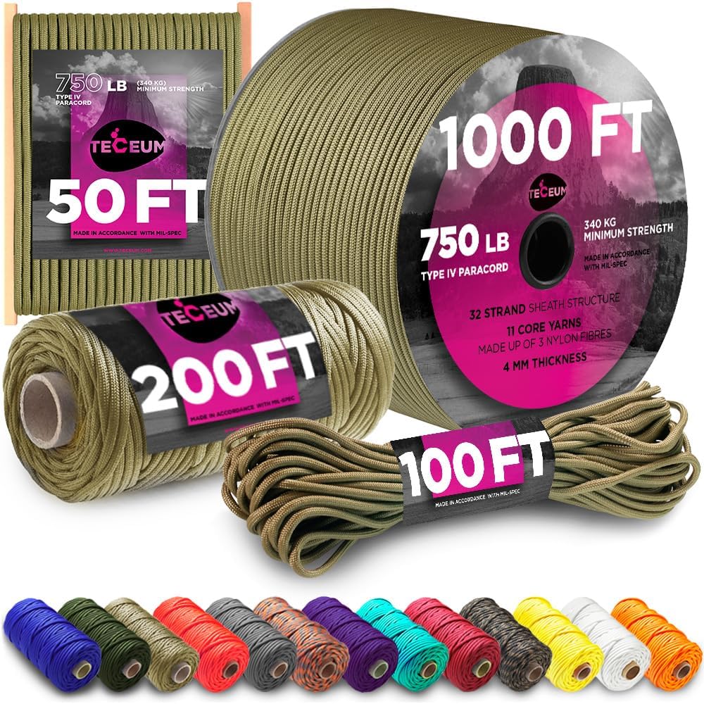 Detalle de TECEUM Paracord Type IV 750 lb Coyote Brown – 30 m (100 ft) – 4 mm – MIL-SPEC Nylon Survival Rope