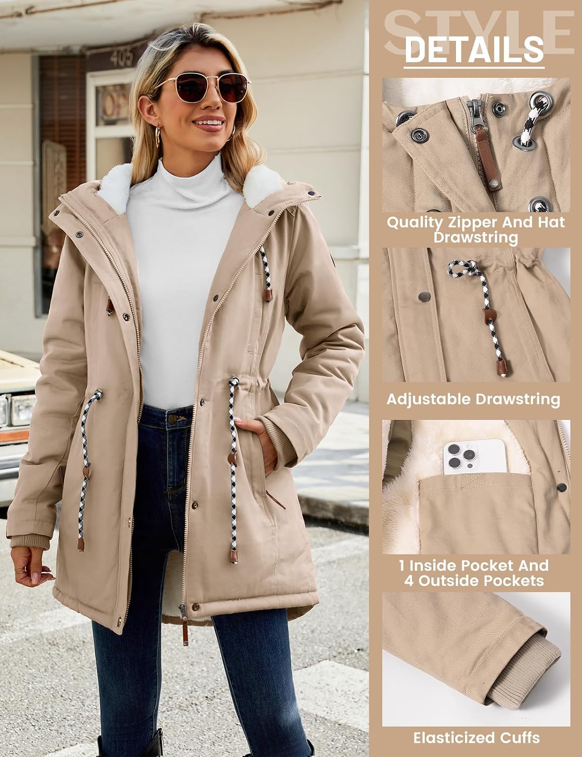 Detalle 2 de Xnova Women's Winter Fleece-Lined Parka Coat with Hood – Warm Cotton, Windproof Mid-Length Overcoat