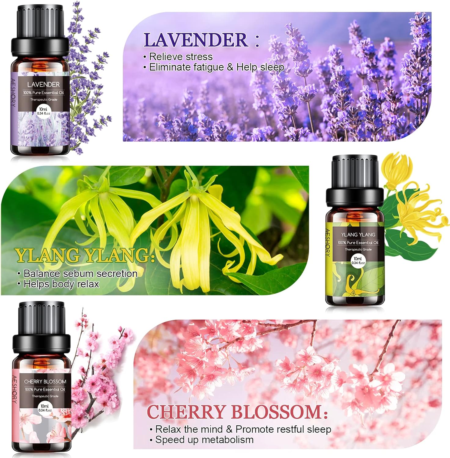Thumbnail 1 de Aeshory Ätherische Öle Set Blumen (7 x 10 ml) – Lavendel, Rose, weißer Tee & mehr für Diffuser & Luftbefeuchter
