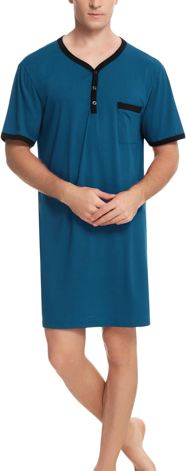 Detalle 2 de Men's Cotton Pyjama Tops: Breathable Knee-Length Nightwear with Button-Down Collar