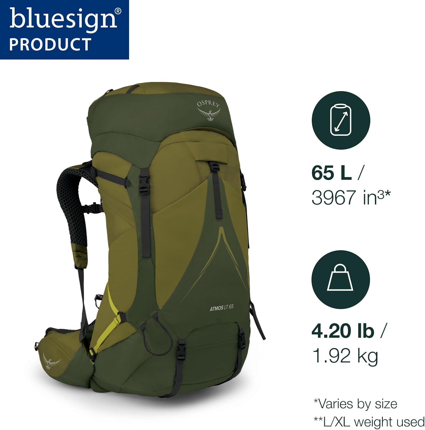 Detalle de Osprey Atmos AG LT 65L Men's Backpacking Backpack (Night Shift/Scoria Blue, L/XL)