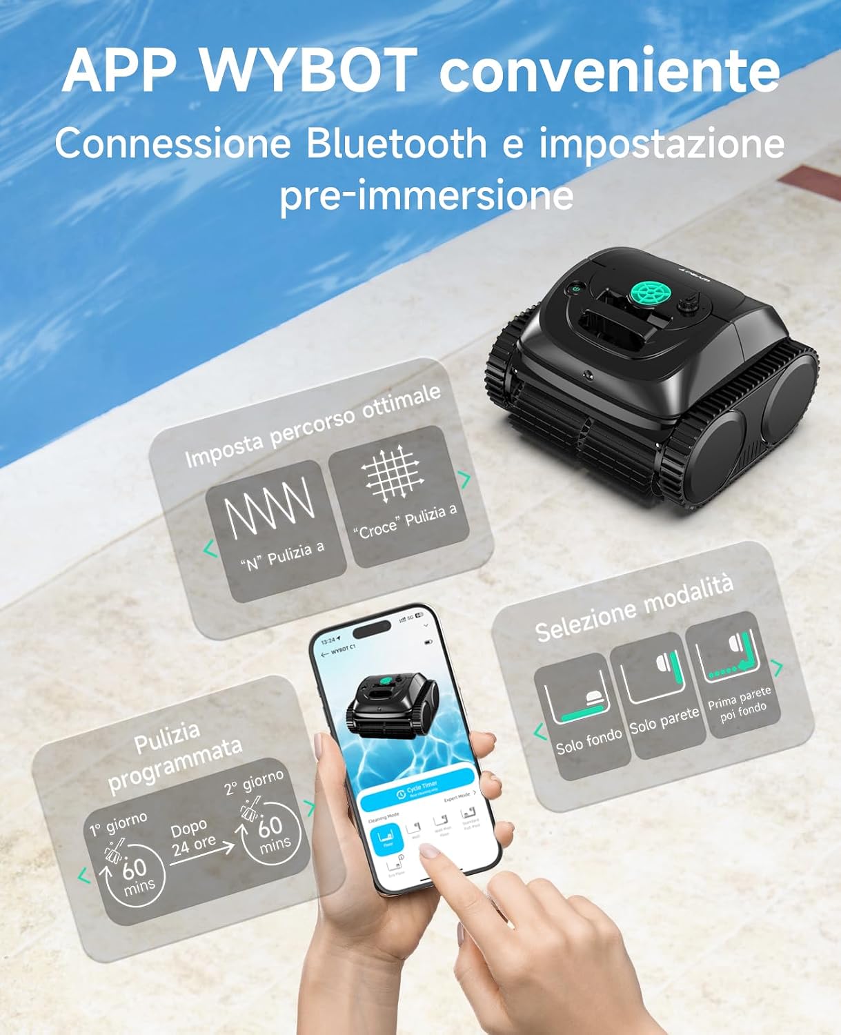 Thumbnail 6 de WYBOT C1 Robot Pulitore per Piscine con pianificazione intelligente del percorso e pulizia fondo/pareti/linea d’acqua