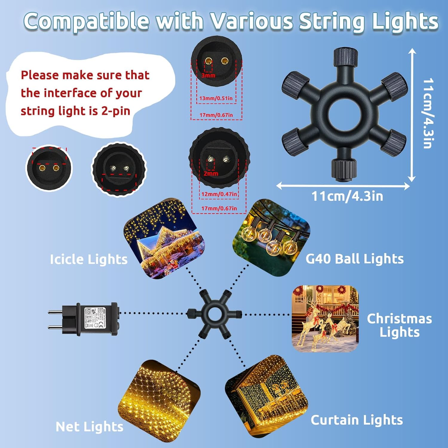Detalle 1 de Joycome Christmas Light Splitter Connector 2 Pin 1-to-5 Splitter 🎄