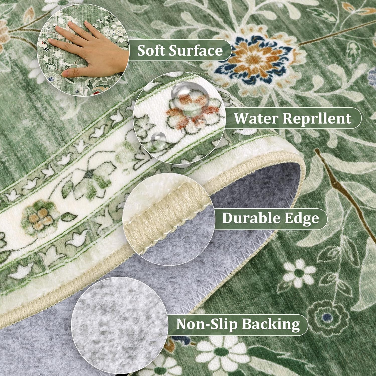 Detalle 2 de Yamaziot 8' x 10' Washable Floral Area Rug, Sage Green Polyester, Low Pile