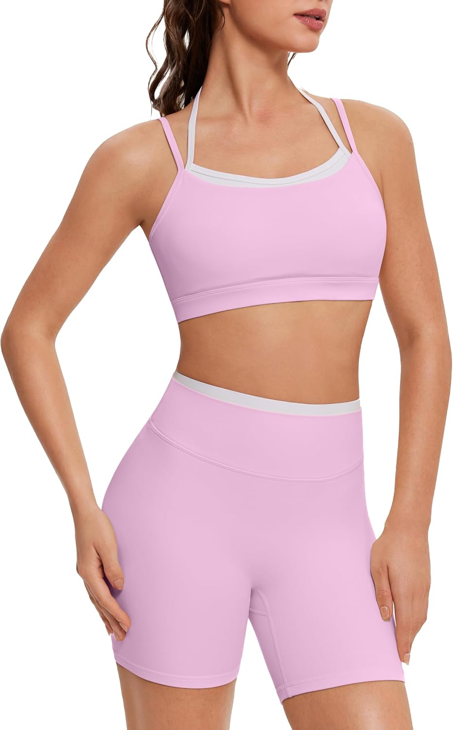 Detalle de OMKAGI Women’s Training Set: Halter Low-Back Sports Bra + Double-Layer Biker Shorts
