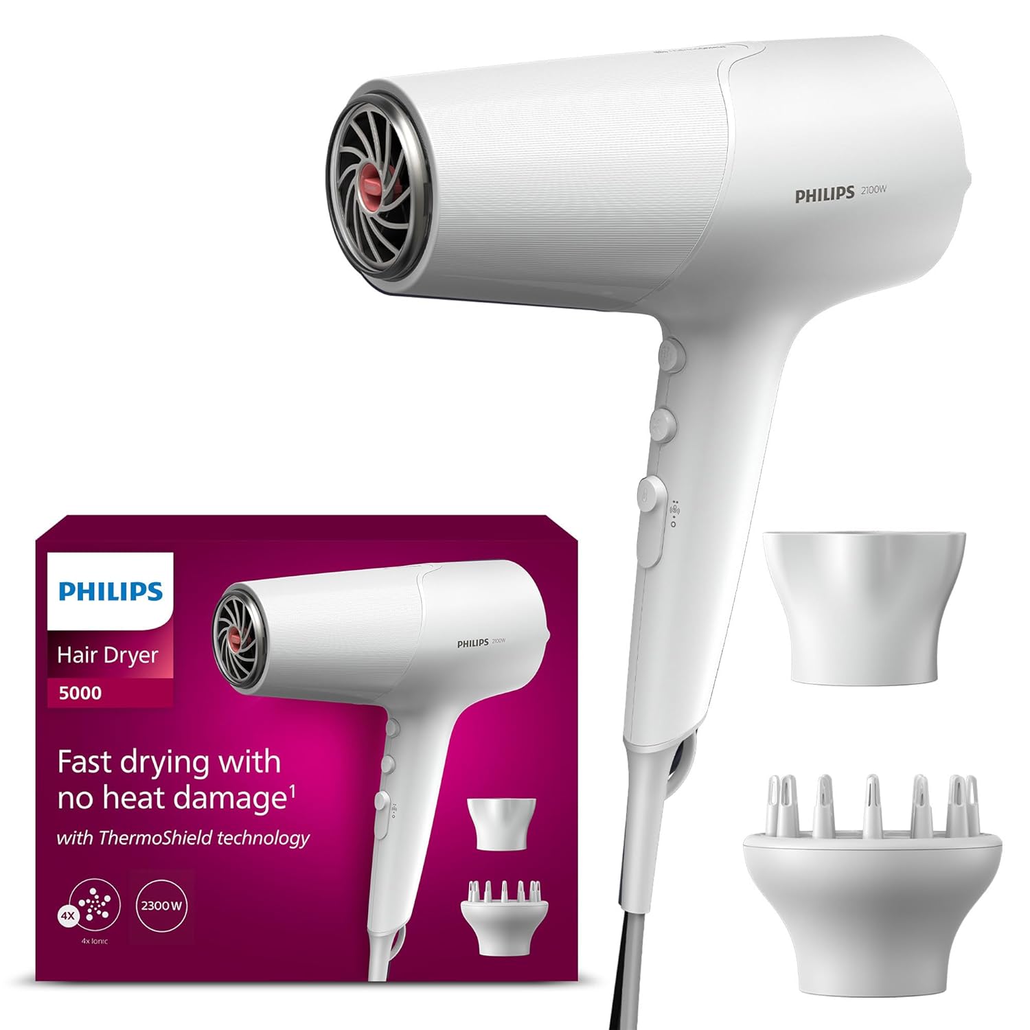 Philips Haartrockner 5000 Series BHD500/20 (ThermoShield, Ionenfunktion) mit Stylingdüse & Volumendiffusor, 2.100 W