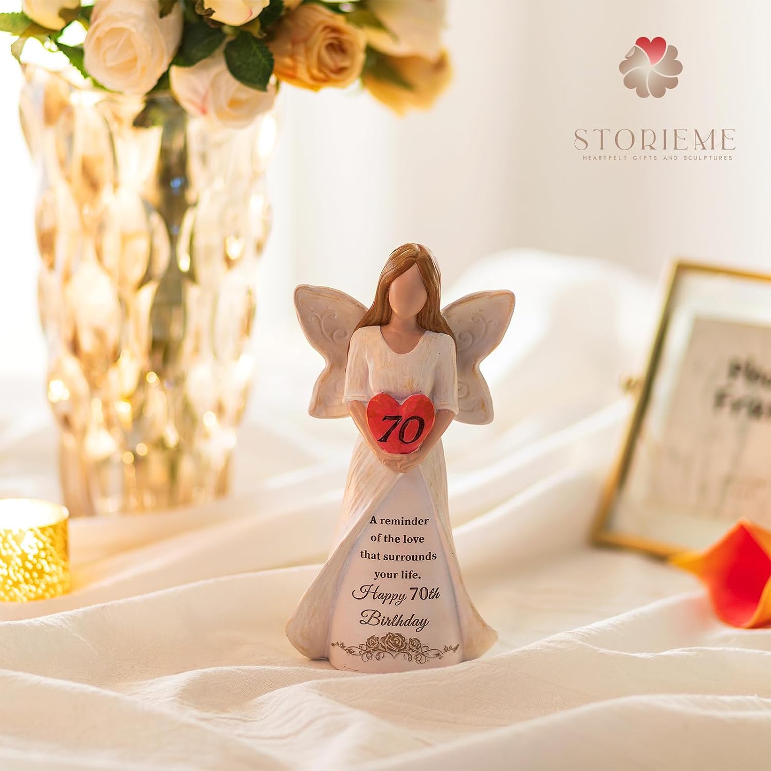 Thumbnail 6 de Storieme 70th Birthday Angel Figurine (Hand-Painted Resin) – 19cm Heart-Craddling Tribute Gift-Ready