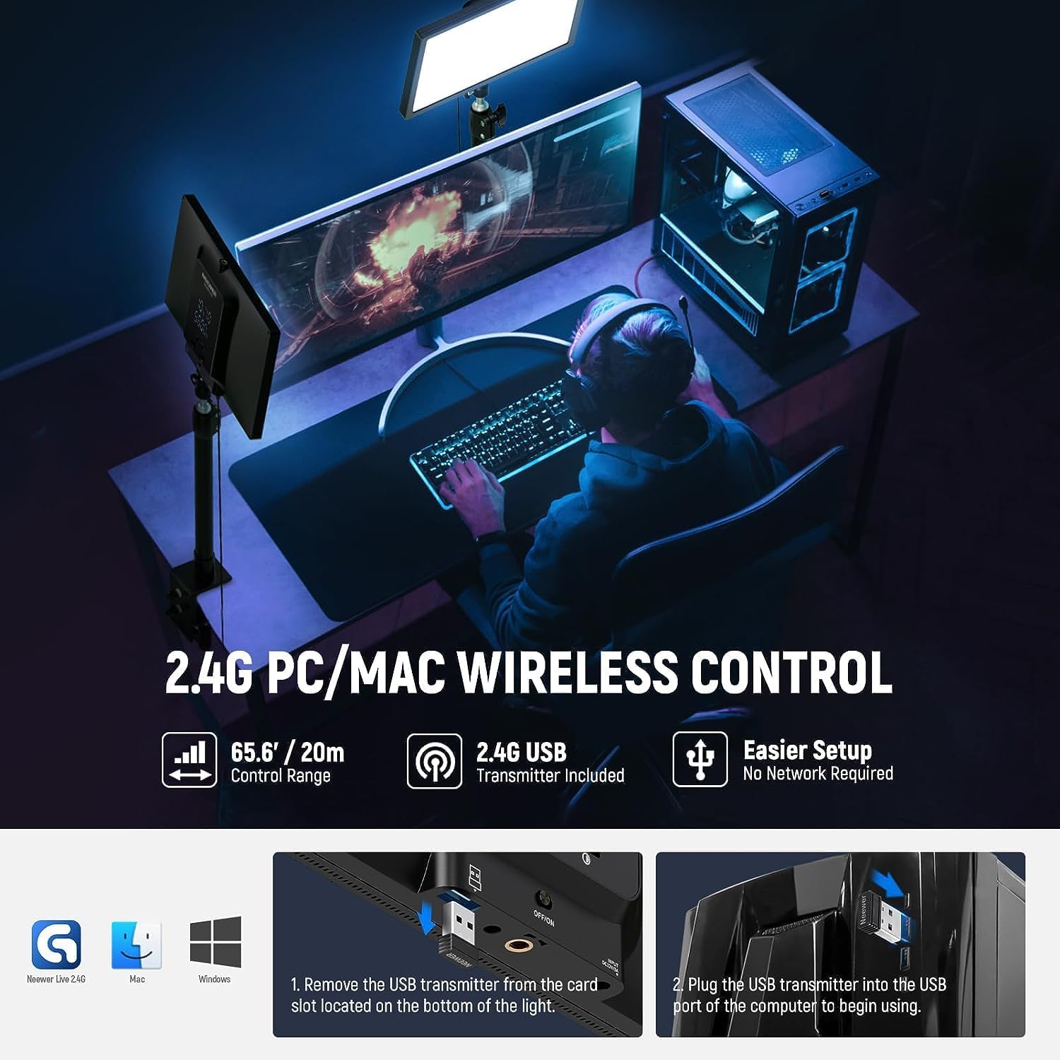 Detalle de NEEWER GL25B 12.9" Streaming Key Light with 2.4G RT100 Remote and App Control
