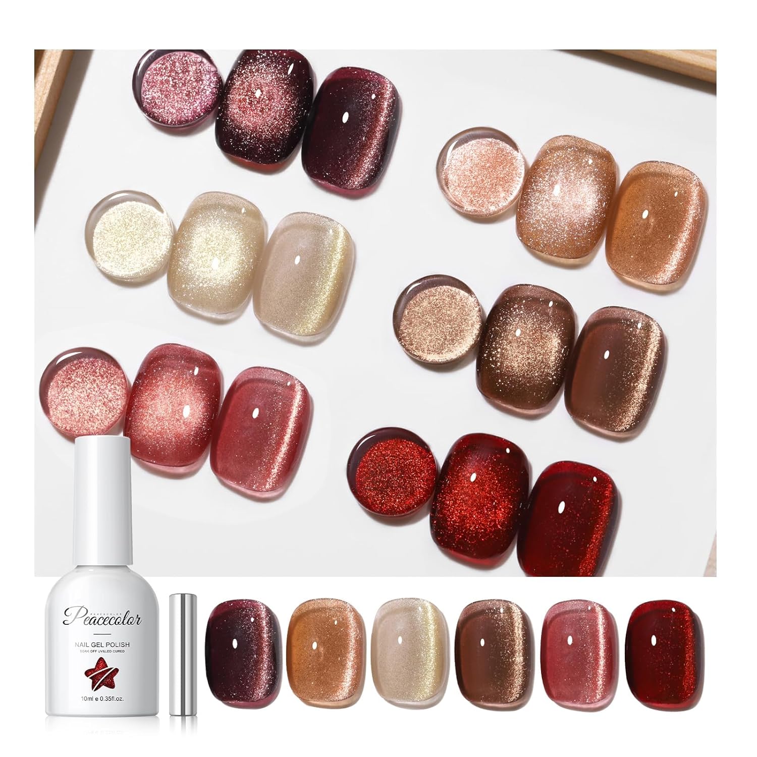 Detalle de PEACECOLOR 6-tlg. UV Cat-Eye Nagellack-Set (rot) mit Magnet, UV/LED-Härtung, DIY zu Hause (6×10 ml)
