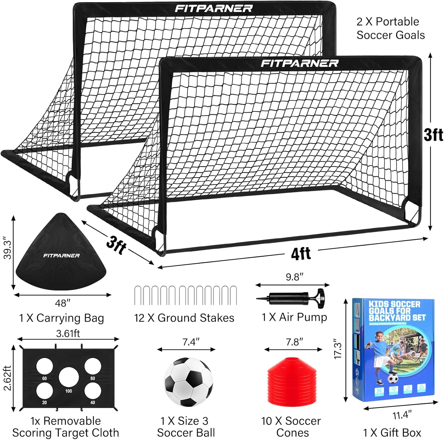 Detalle de FITPARNER 2-Pack Backyard Soccer Goals (4x3 ft / 6x4 ft) – Portable Toddler Training Set with Target, Ball, Cones