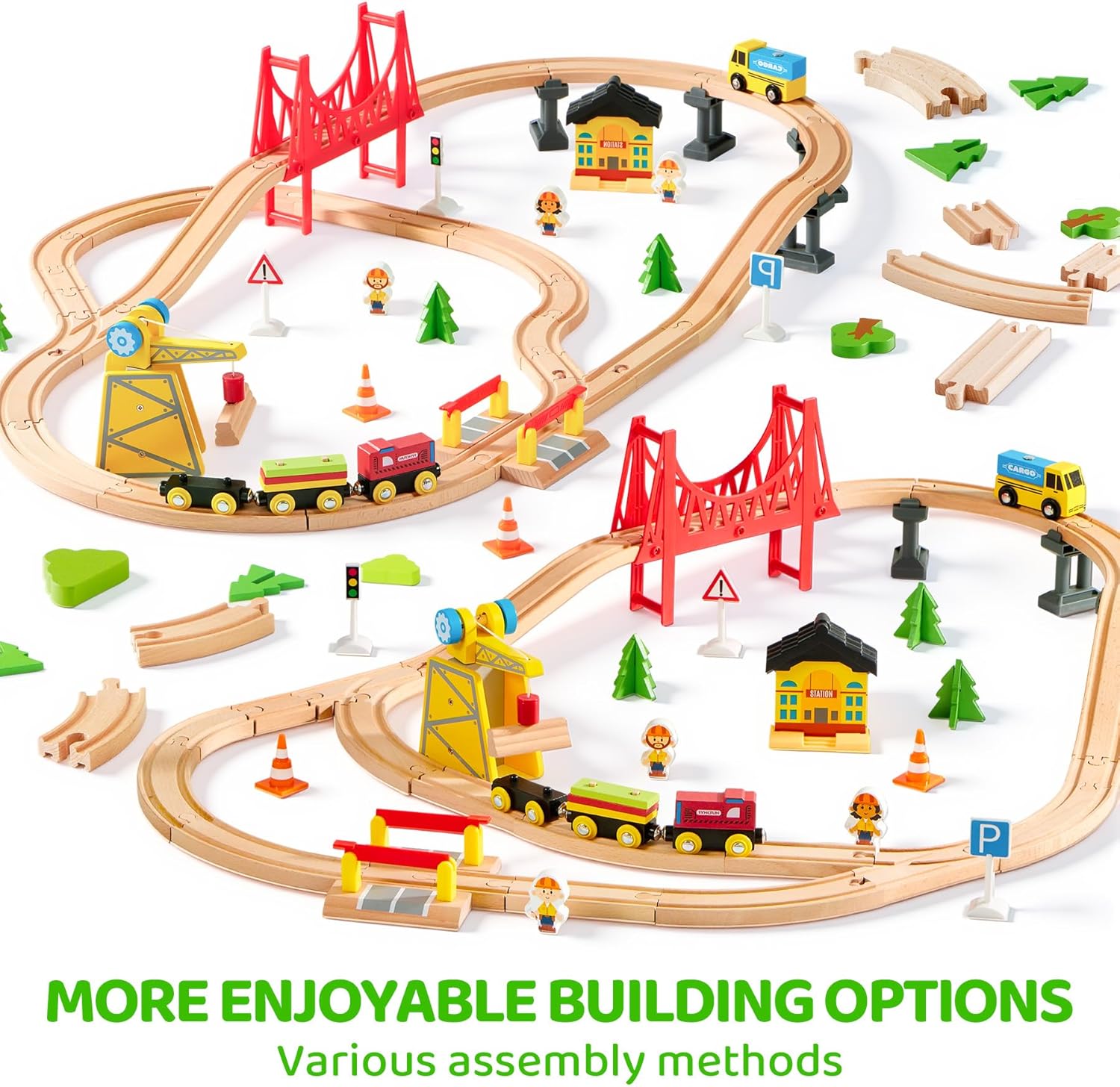 Detalle de SYNCFUN 60-piece Montessori wooden train set with magnetic crane