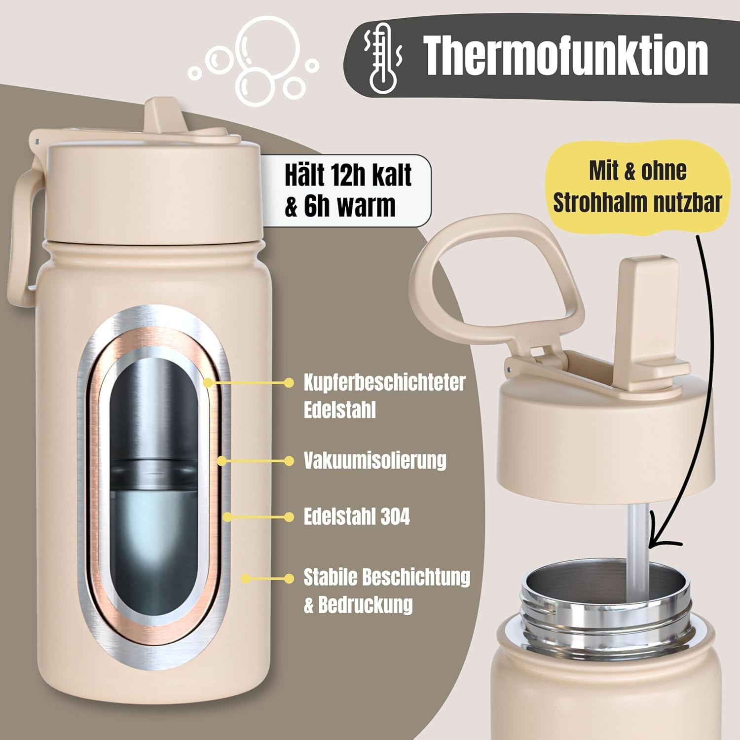 Thumbnail 5 de BEARFOOT Trinkflasche Kinder Edelstahl 400 ml mit Strohhalm – Beige Safari