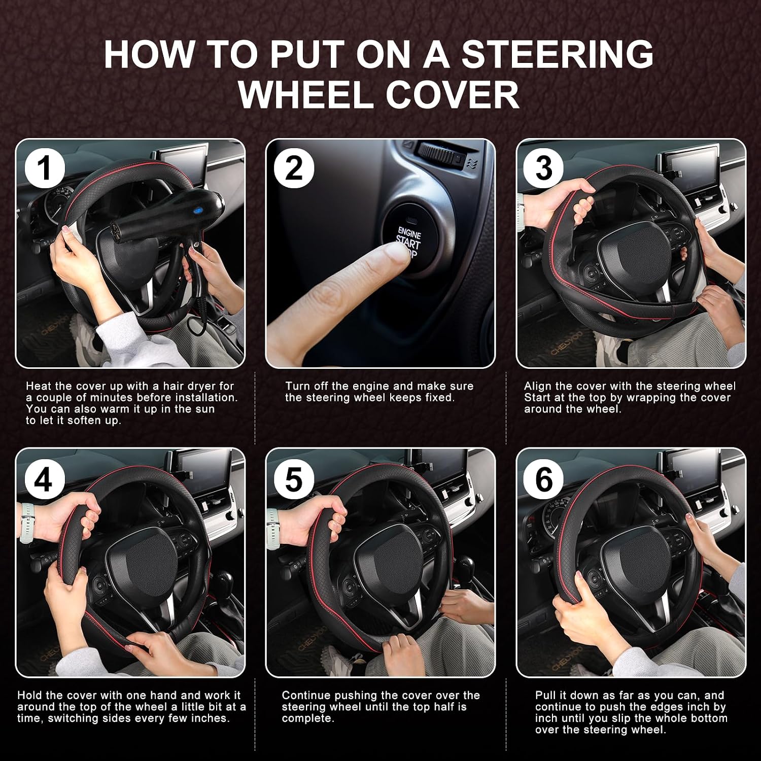 Thumbnail 6 de SEG Direct Steering Wheel Cover 37-39cm Medium – Microfiber Leather, Non-Slip Grip, Black & Red