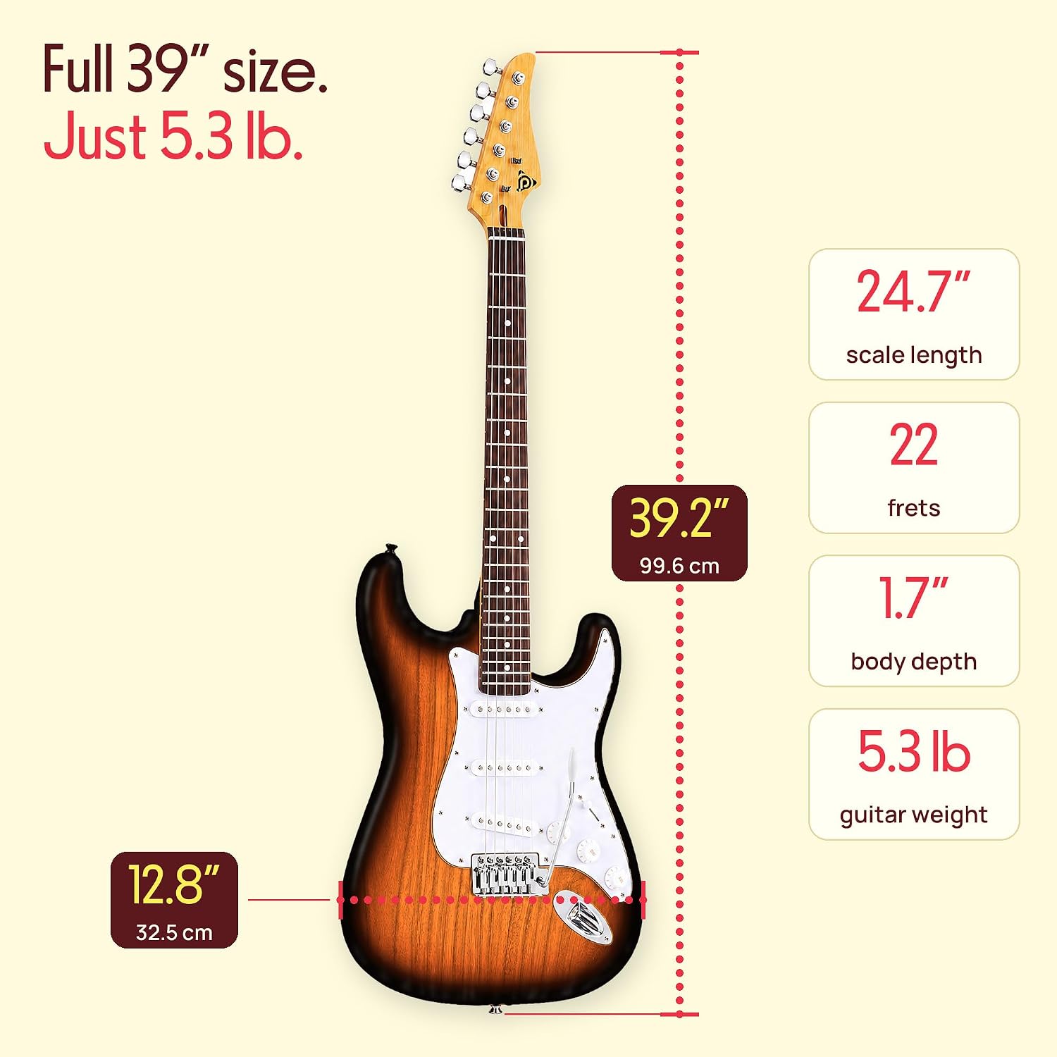 Detalle de Pyle PEGKT400NB Full-Size Electric Guitar Kit, 5W Amp, Natural Burst