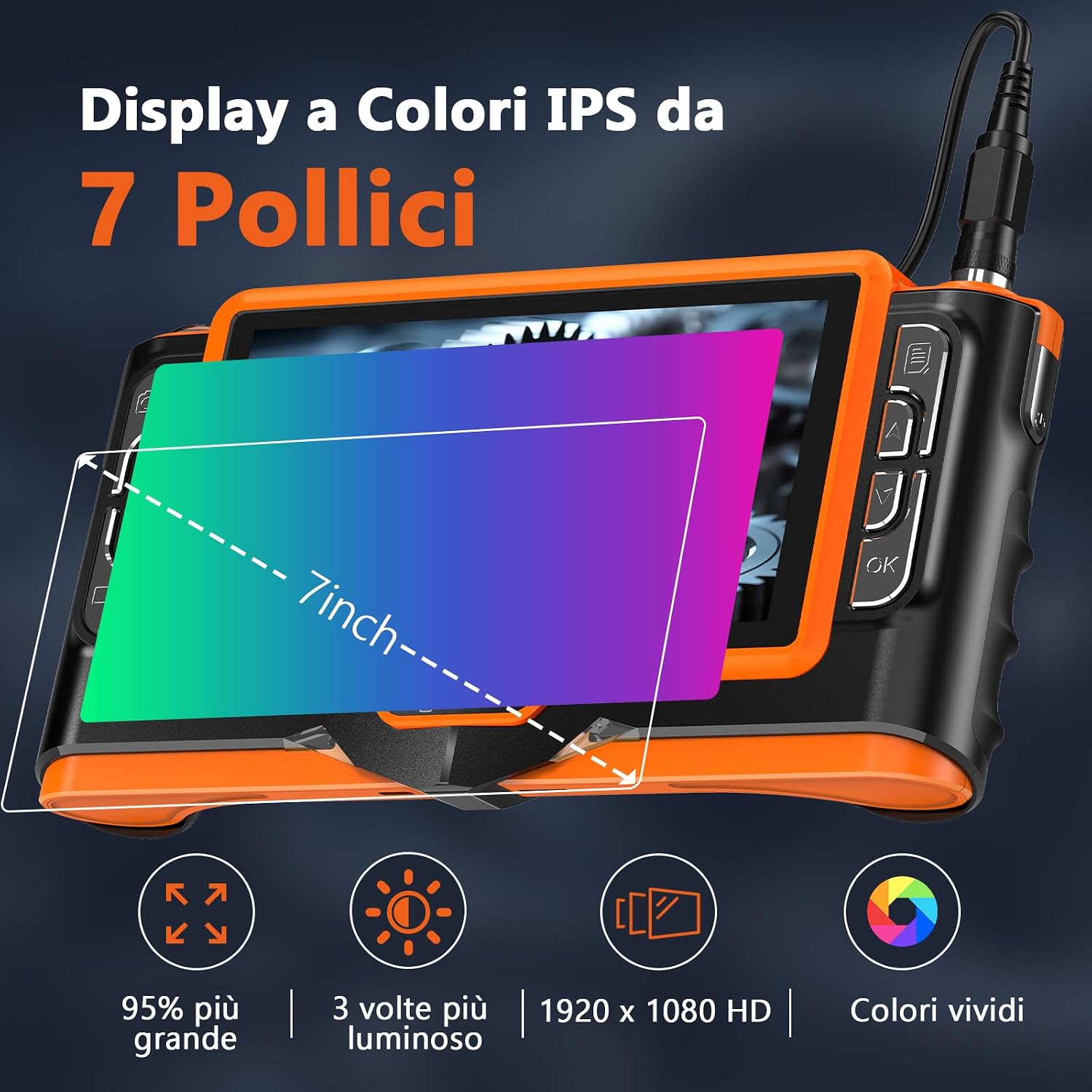 Thumbnail 1 de Ferdiiz Endoscopio Professionale 7" IPS 1920P HD 1920P con tripla lente e LED regolabili, sonda IP68 con cavo semi-rigido 5 m