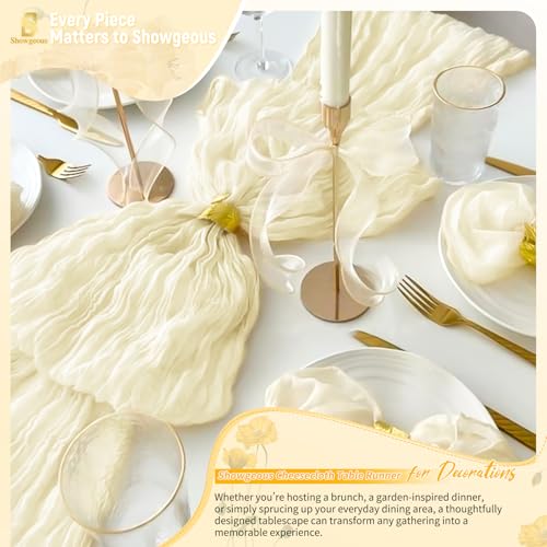 Thumbnail 7 de Showgeous Lote de 4 Caminos de Mesa de Gasa Beige 45x275 cm – Boho rústico para bodas y eventos