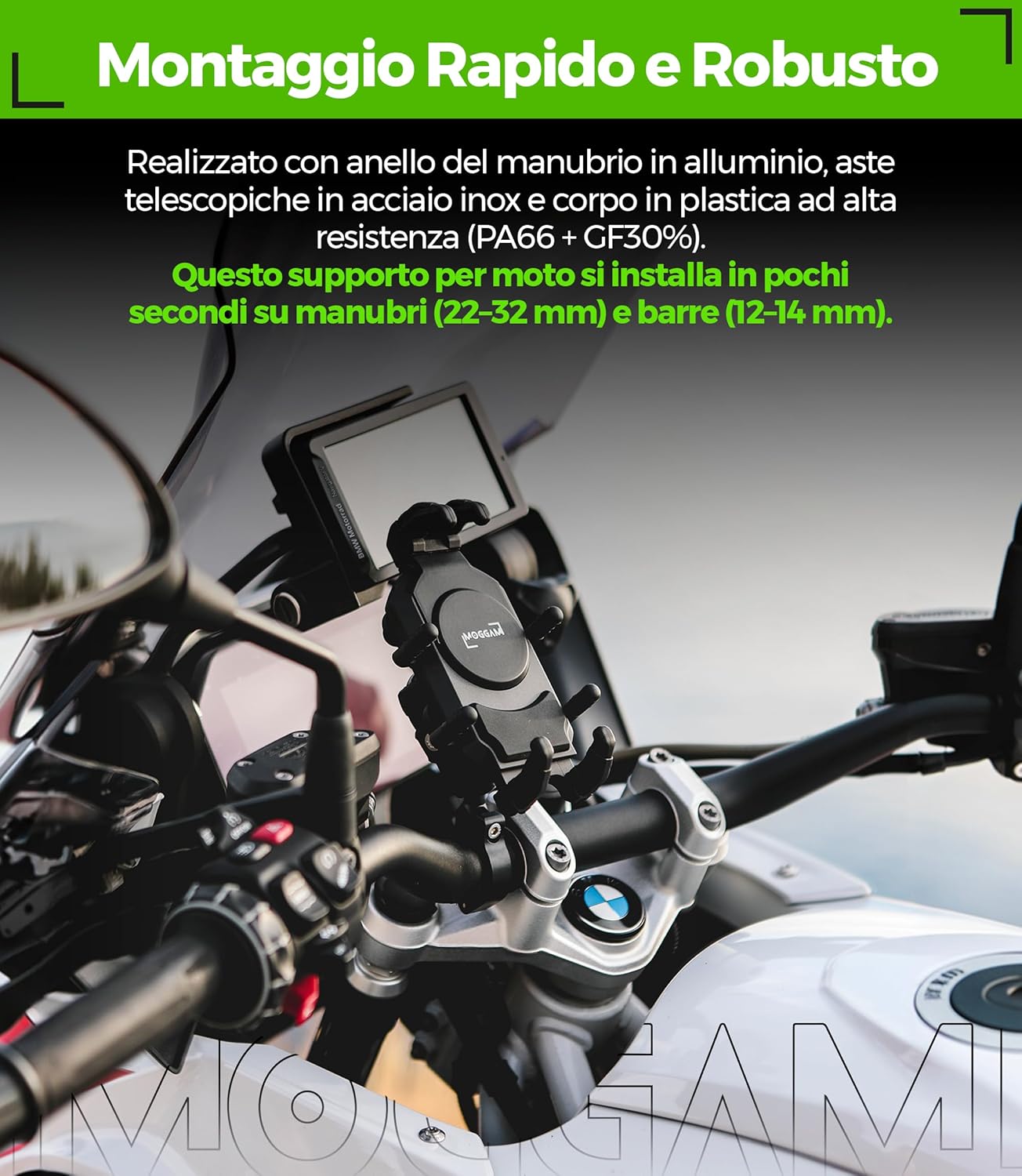 Thumbnail 1 de MOGGAM Porta Cellulare Moto Antivibrazione – Supporto rugged per manubrio 22–32 mm, 5.4–7.2 pollici