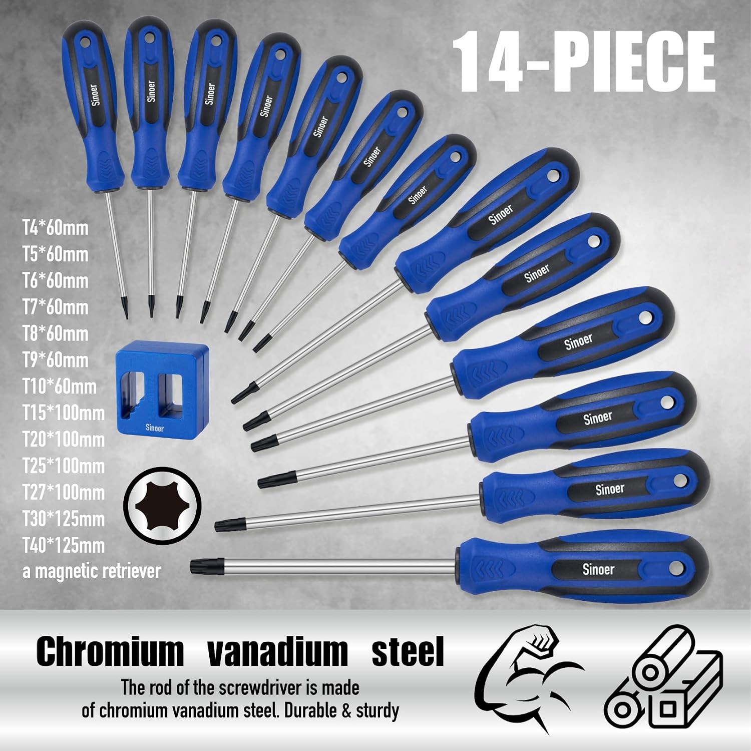 Thumbnail 6 de Sinoer set di cacciaviti magnetici Torx da 13 pezzi (T5–T40) in acciaio CR-V