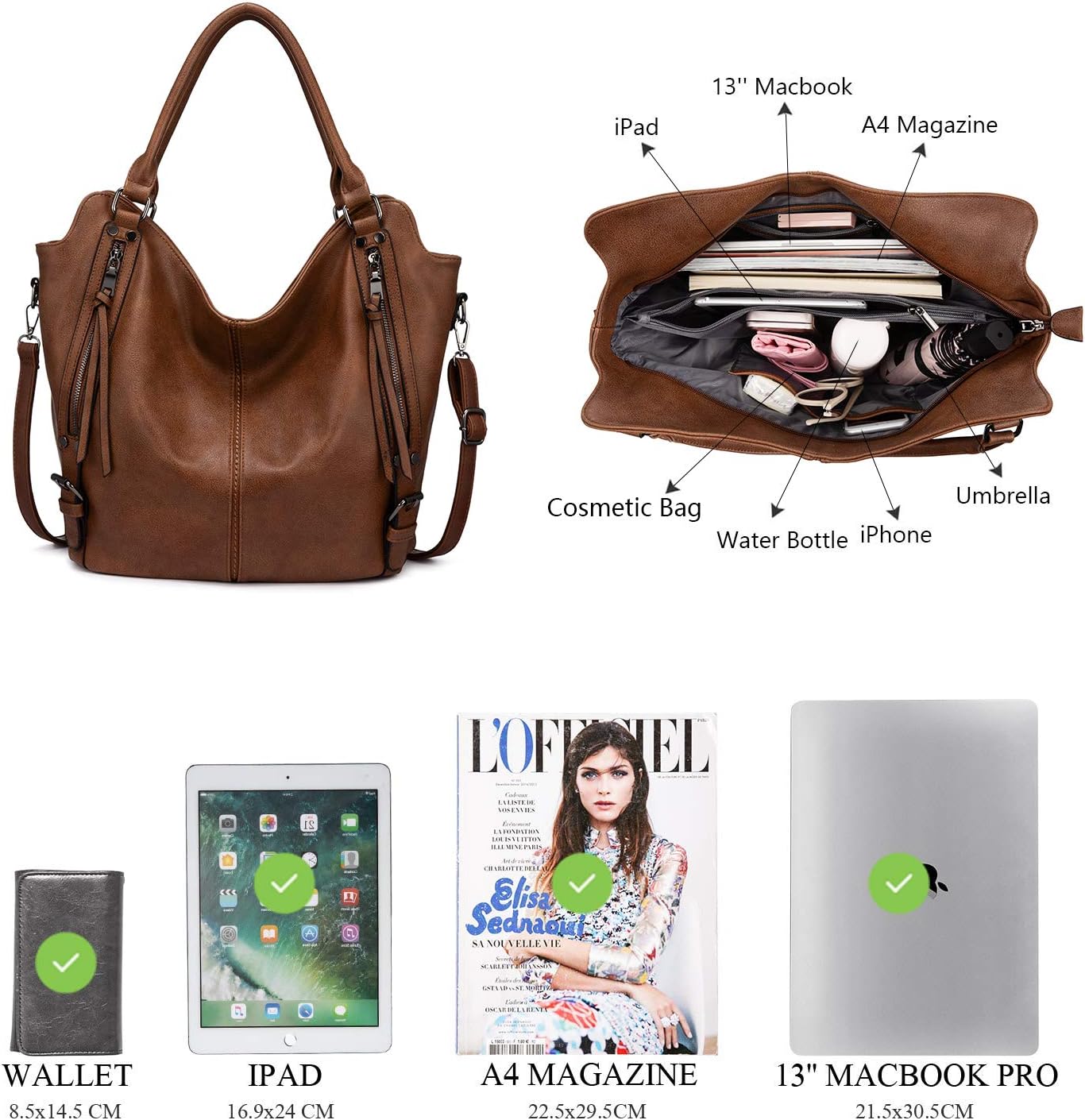 Detalle de Realer Sac à main femme en cuir PU avec bandoulière amovible + pochette assortie, marron