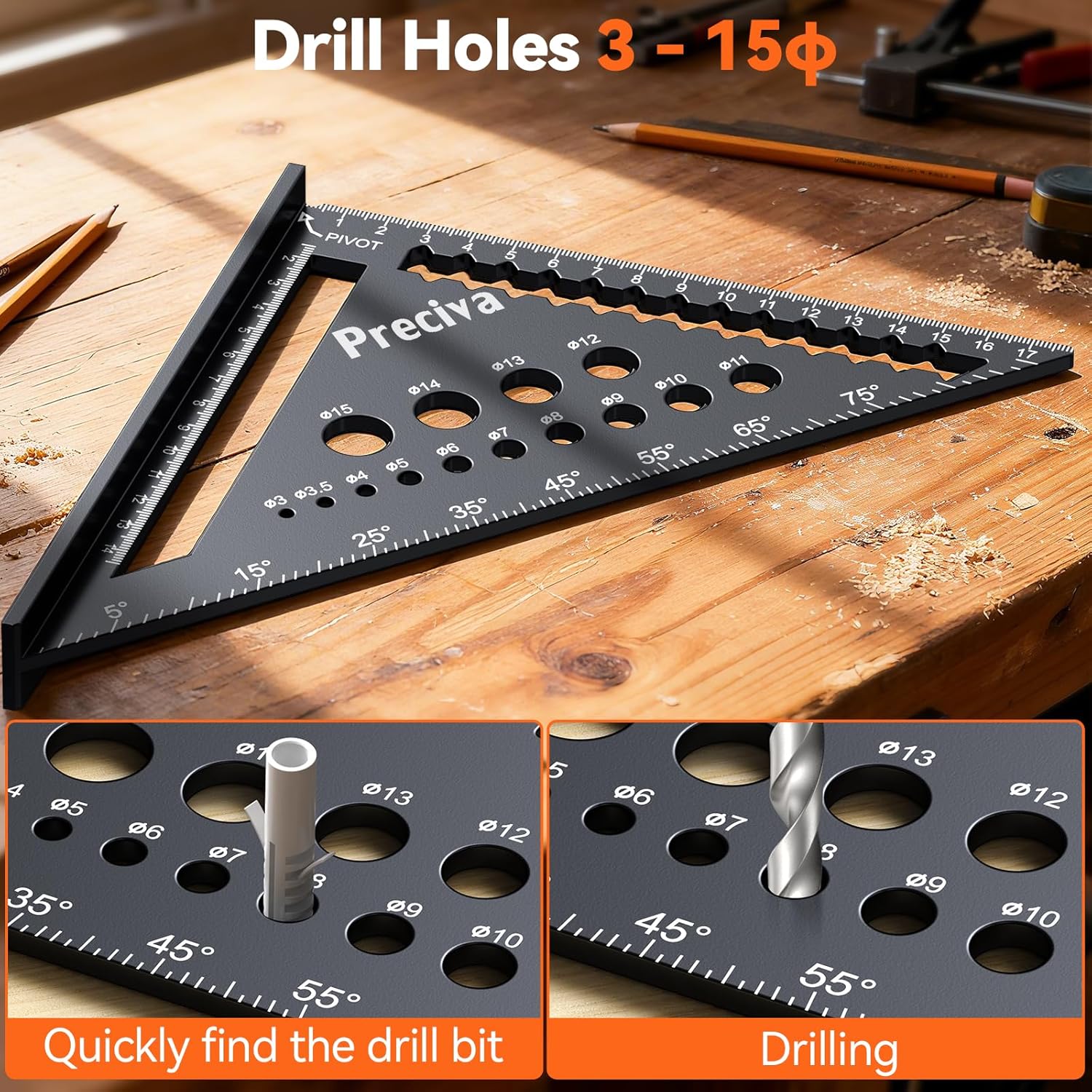 Thumbnail 4 de Preciva Zimmermannswinkel Set – Multifunktionaler Anschlagwinkel aus Aluminium, 18 cm, Winkelführung, Tieflochmarker