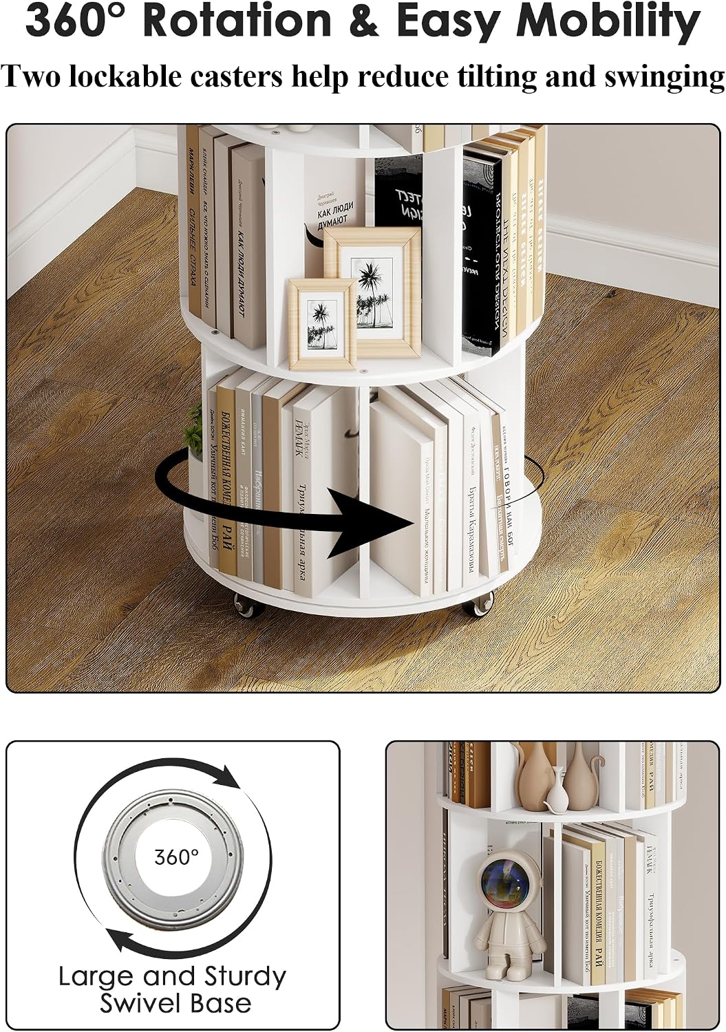Detalle 2 de yeshine Rotating 5-Tier Corner Bookshelf (360° Revolving, White) for Small Spaces
